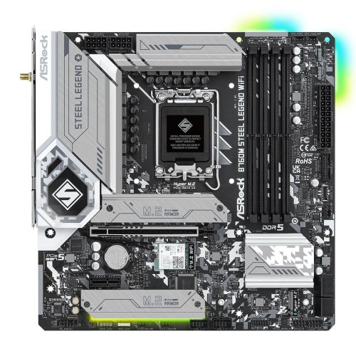 Asrock B760M STEEL LEGEND WIFI, Intel B760, 1700, Micro ATX, 4 DDR5, HDMI, DP, eDP, Wi-Fi 6E, 2.5G LAN, PCIe5, 3x M.2, RGB