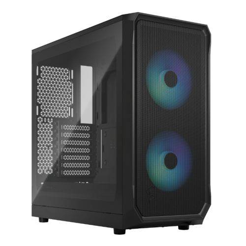 Fractal Design Focus 2 RGB (Black TG) Boîtier de jeu avec fenêtre en verre transparent, ATX, 2 ventilateurs RVB, contrôleur RVB, façade en maille, système de carénage innovant
