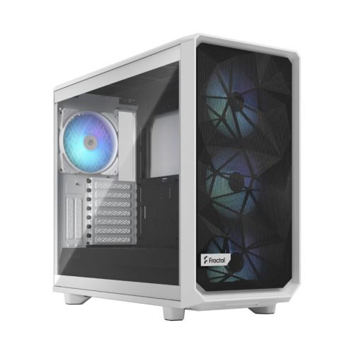 Fractal Design Meshify 2 RGB (White TG) Estuche para juegos con ventana de vidrio transparente claro, E-ATX, frente de malla angular, 4 ventiladores RGB, concentrador de ventilador, filtro frontal desmontable, USB-C