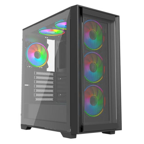 Vida Versa Black ARGB Gaming Case w/ Glass Side & Glass/Mesh Front, ATX, 6x ARGB PWM Fans, 6-Port Fan Hub & Remote Control *Glass & Mesh Front Panels included*
