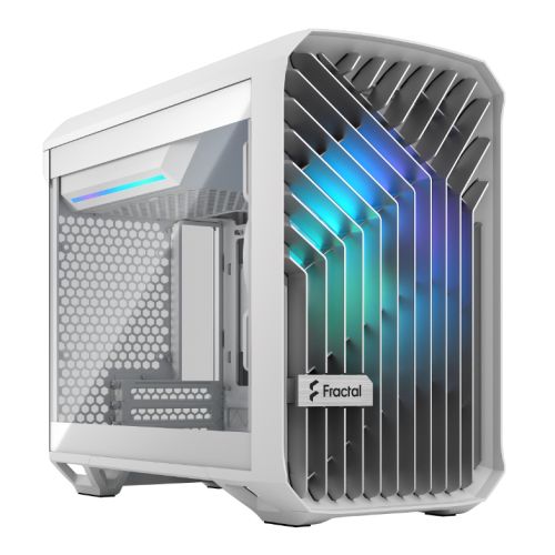 Fractal Design Torrent Nano (Light TG RGB White) Boîtier avec fenêtre en verre légèrement teinté, Mini ITX, 1 ventilateur RVB, bloc d'alimentation ATX et support GPU 335 mm, refroidissement par eau 280 mm, bande RVB, grille avant, USB-C