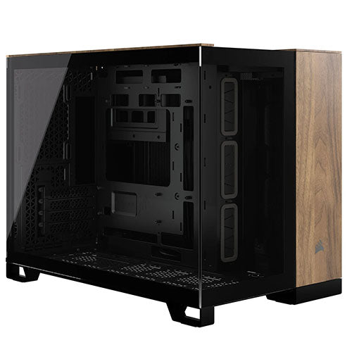 Corsair 2500X Dual Chamber Gaming Case w/ Glass Side & Front, Micro ATX, Mesh Panels, USB-C, Asus BTF Compatible, Black/Walnut Wood