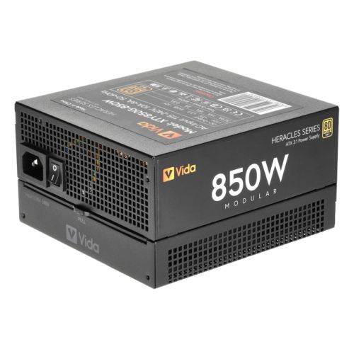 Vida 850W Heracles Black ATX 3.1 Gaming PSU, 80+ Gold, Fully Modular, 140mm Ultra-Quiet Semi-Fanless FDM Fan, Flat Black Cables, PCIe 5.1, Power Lead Not Included