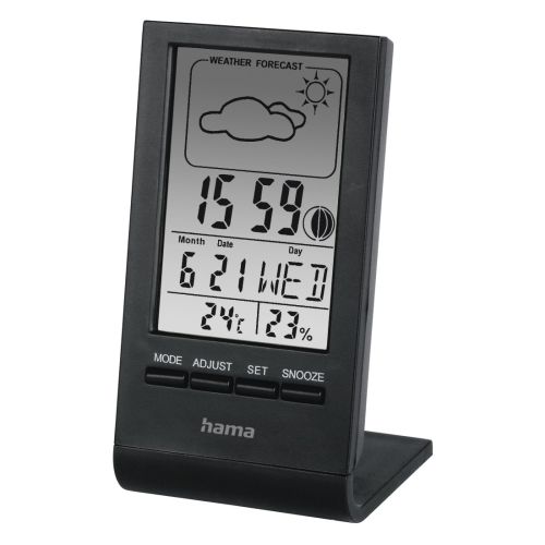 Hama TH-100 LCD Thermo/Hygrometer - Thermometer, Hygrometer, Barometer, Weather Forecast, Moon Phases, Date/Time, Alarm, Black