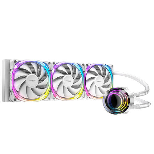 Antec Vortex 360 Liquid CPU Cooler, 360mm Radiator, ARGB PWM Fans, Suspended Spiral ARGB Pump Head, ARGB Controller, 280W TDP, White