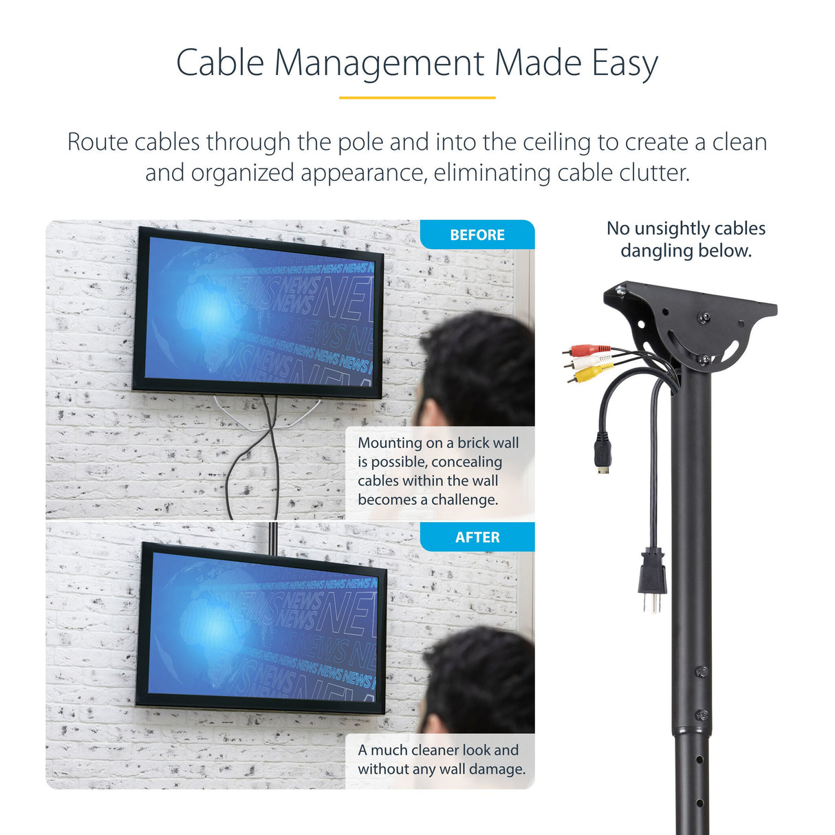 StarTech.com TV Ceiling Mount - Full-Motion Universal Hanging Single Screen Mount with Adjustable Telescopic Long Pole - Tilt / Swivel - VESA Bracket for 32”-75" Displays
