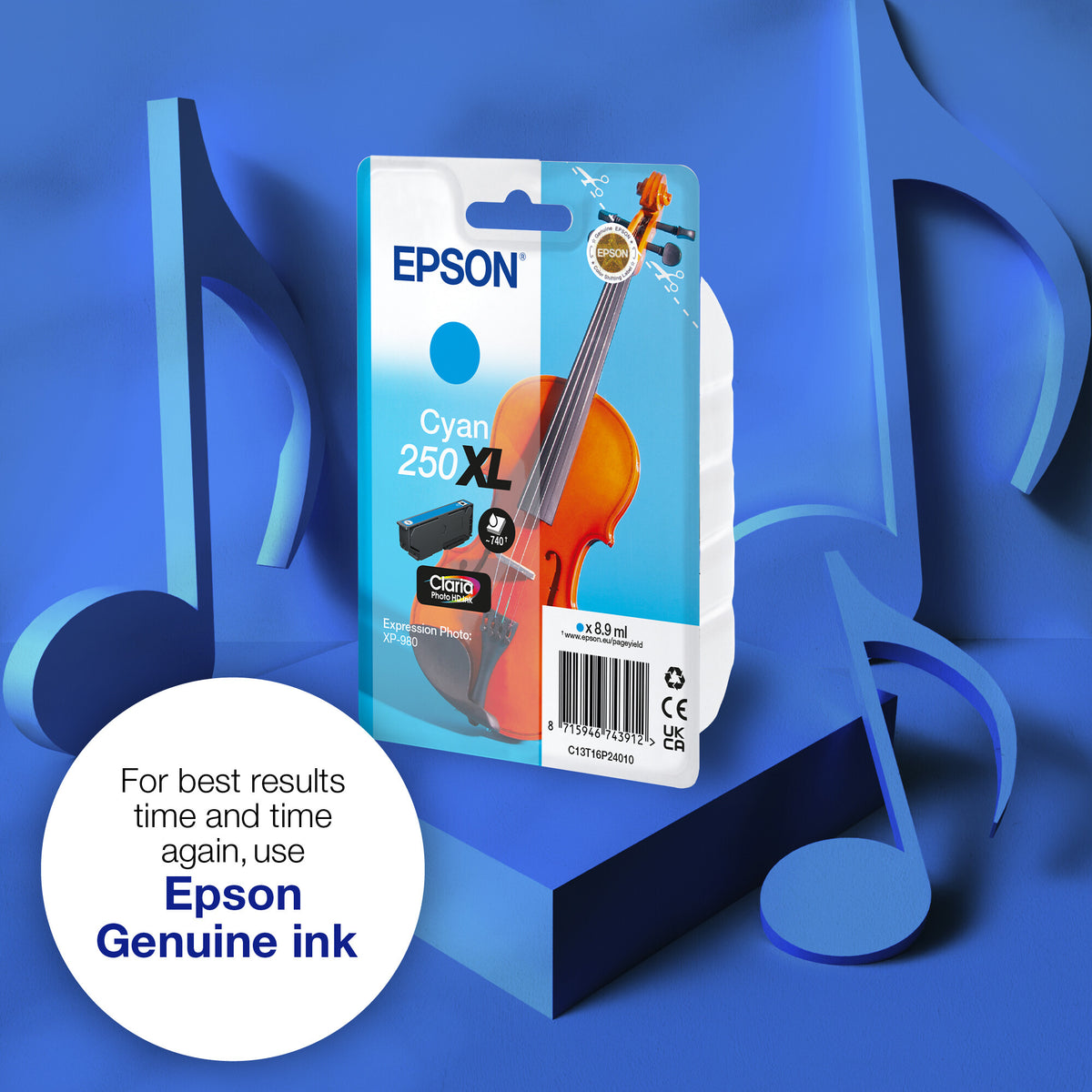 Epson Singlepack Cyan 250XL Violin Claria Photo HD Ink