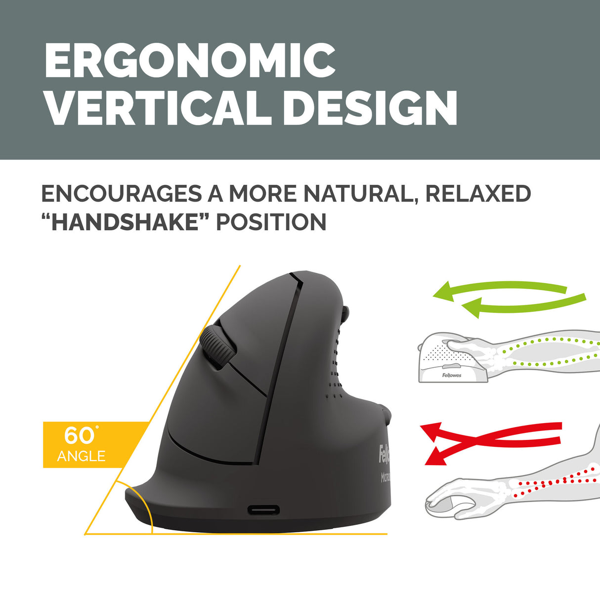 Fellowes Vertical Wireless Mouse Breyta Plus+ Ergonomic Right Handed Vertical Mouse with Antibacterial Protection Large
