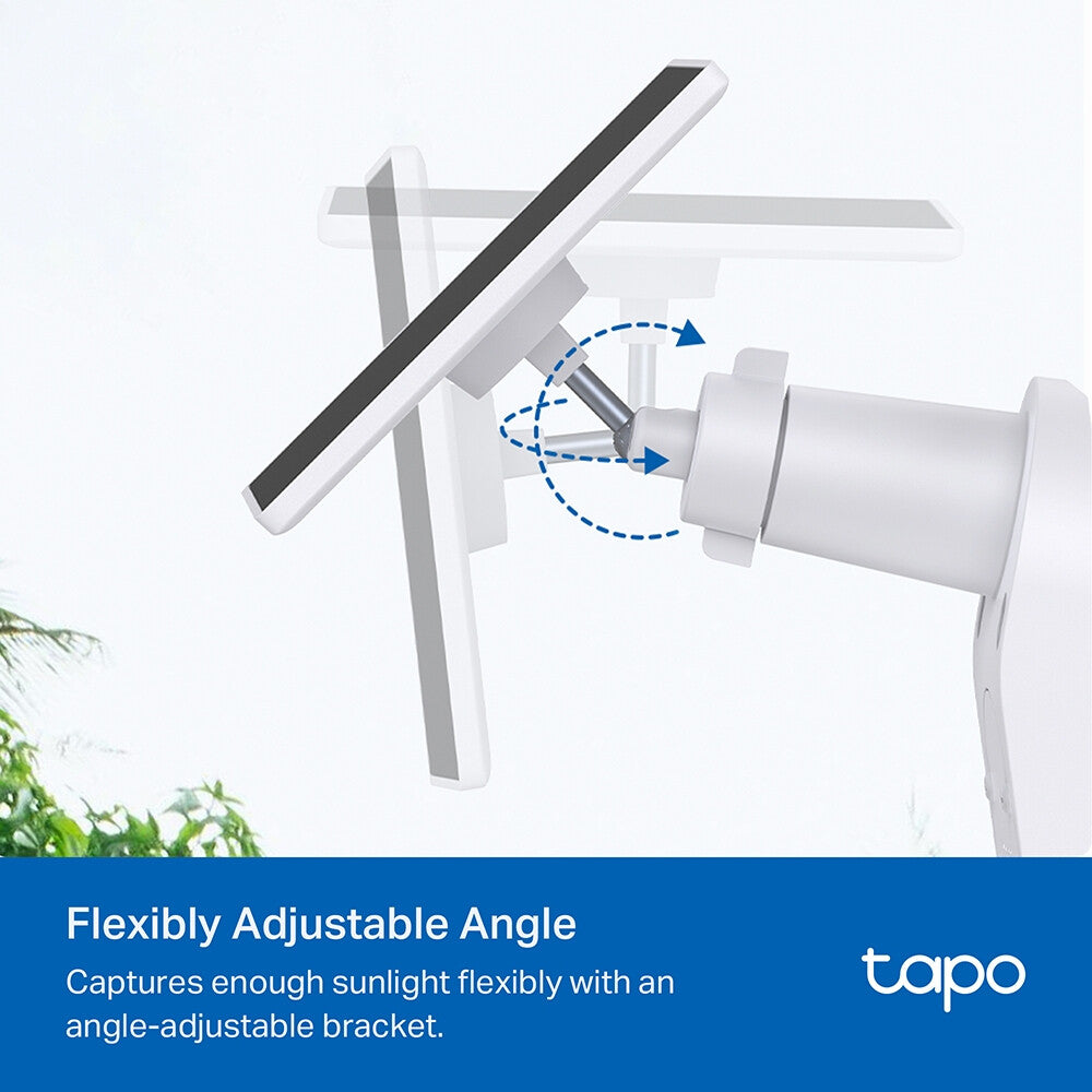 TP-Link Tapo Solar Panel SPEC: 5.2V 2.5W FEATURE: Type-C Charging Port, Non-Stop Power, Flexible Solar Installation, Works with Battery Camera, 4m Charging Cable(Total), Weatherproof (IP65)