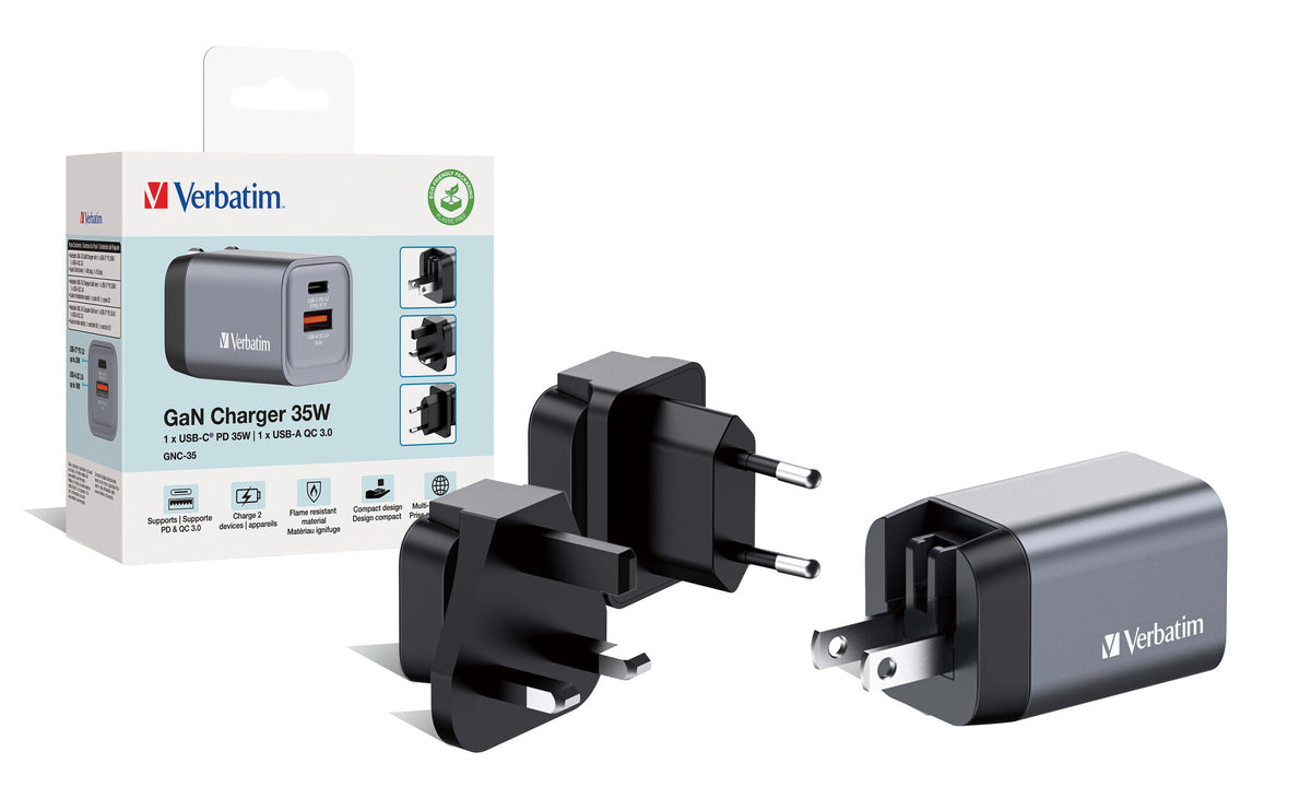 Verbatim GNC-35 GaN Charger 35W with 1 x USB-C PD 35W / 1 x USB-A QC 3.0 (EU/UK/US)
