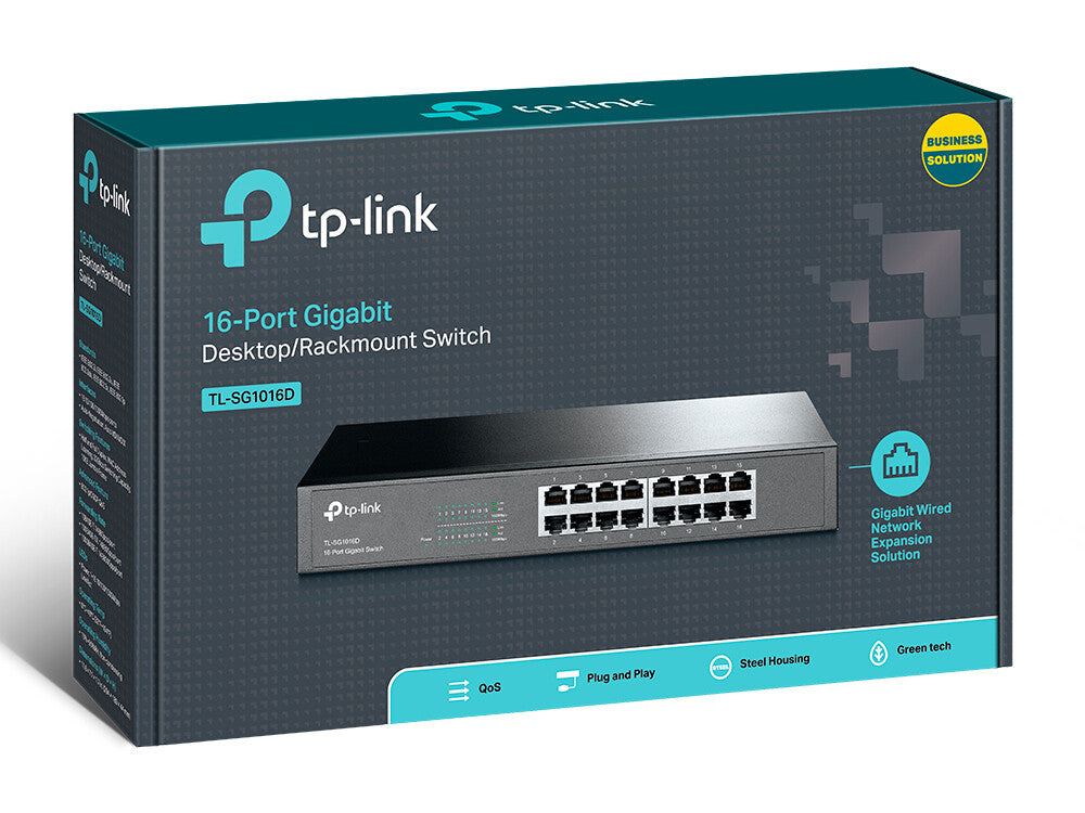 TP-LINK (TL-SG1016D) Switch de escritorio/montaje en rack no administrado Gigabit de 16 puertos, caja de acero