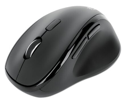 Manhattan Ergonomic Wireless Mouse, Right Handed, Adjustable 800/1200/1600dpi, 2.4Ghz (up to 10m), Six Button with Scroll Wheel, Combo USB=A and USB-C receiver, Black, AA battery (included), Three Year Warranty