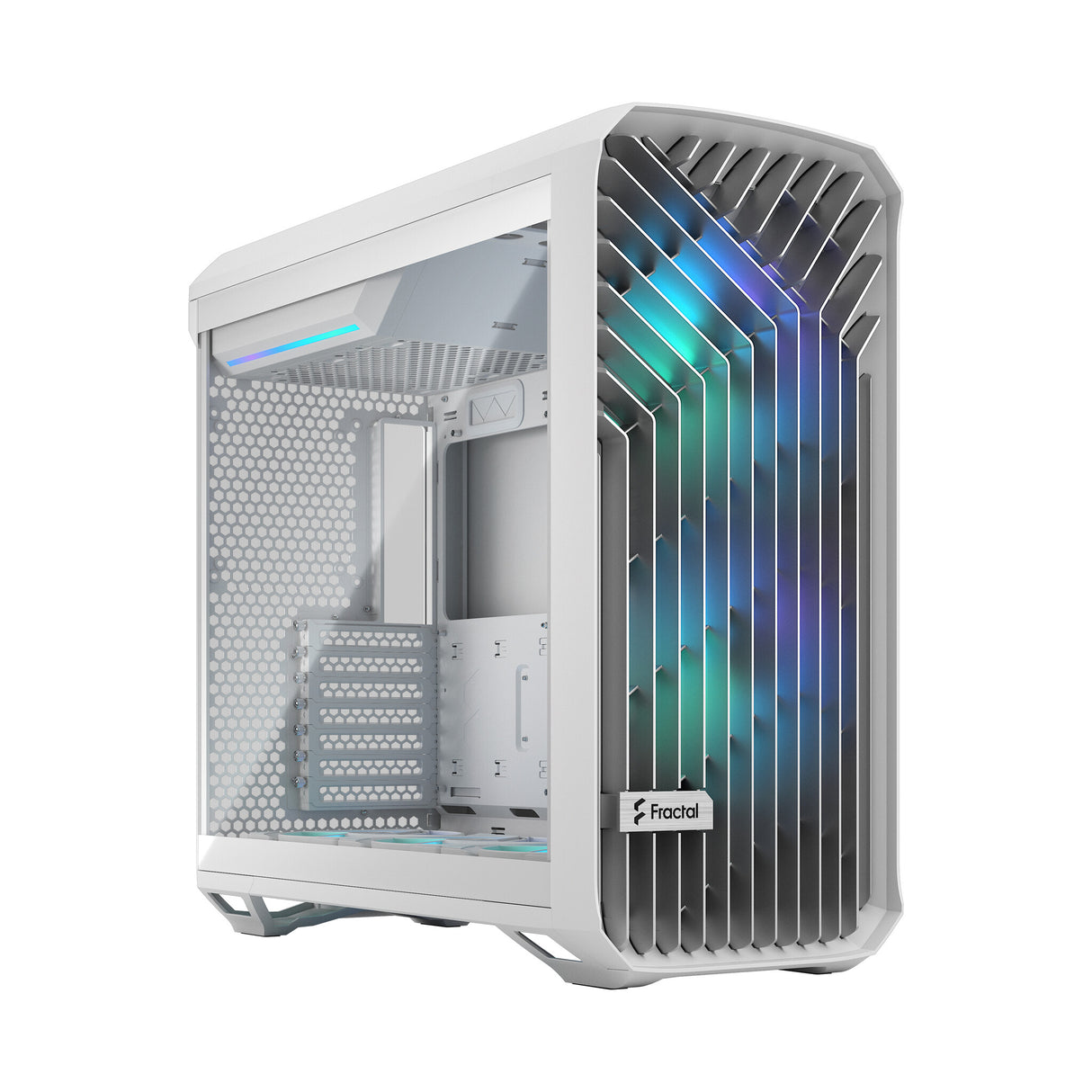 Fractal Design Torrent (White RGB TG) Estuche para juegos con ventana de vidrio transparente, E-ATX, 5 ventiladores ARGB, concentrador de ventilador, tira RGB en cubierta de fuente de alimentación, rejilla frontal, USB-C