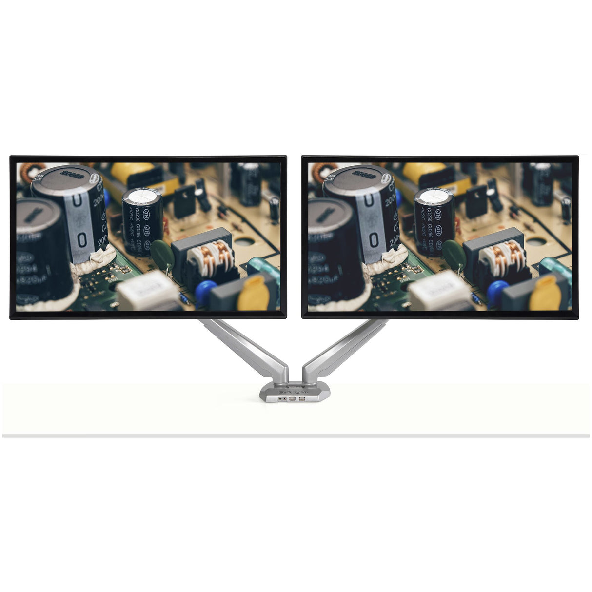 StarTech.com Desk Mount Dual Monitor Arm with USB & Audio - Desk Clamp VESA Mount for up to 32 inch Displays - 2x USB, 2x 3.5mm audio - Ergonomic Full Motion Dual Monitor Arm - Silver