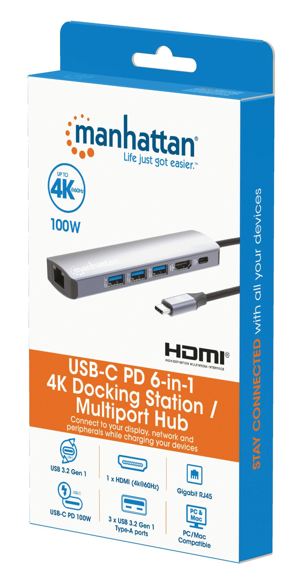 Manhattan USB-C Dock/Hub, Ports (x6): Ethernet, HDMI, USB-A (x3) and USB-C, With Power Delivery (100W) to USB-C Port (Note additional USB-C wall charger and USB-C cable needed), USB 3.2 Gen 1, All Ports can be used at the same time, Universal for all devi
