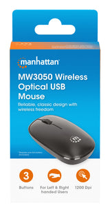 Manhattan MW3050 Wireless Optical Mouse, Black, 1200dpi, 2.4Ghz (up to 10m), USB, Ambidextrous, Three Button with Scroll Wheel, USB-A nano receiver, AA battery (included), Low friction base, USB version (most popular type, which is USB-A), Three Year Warr