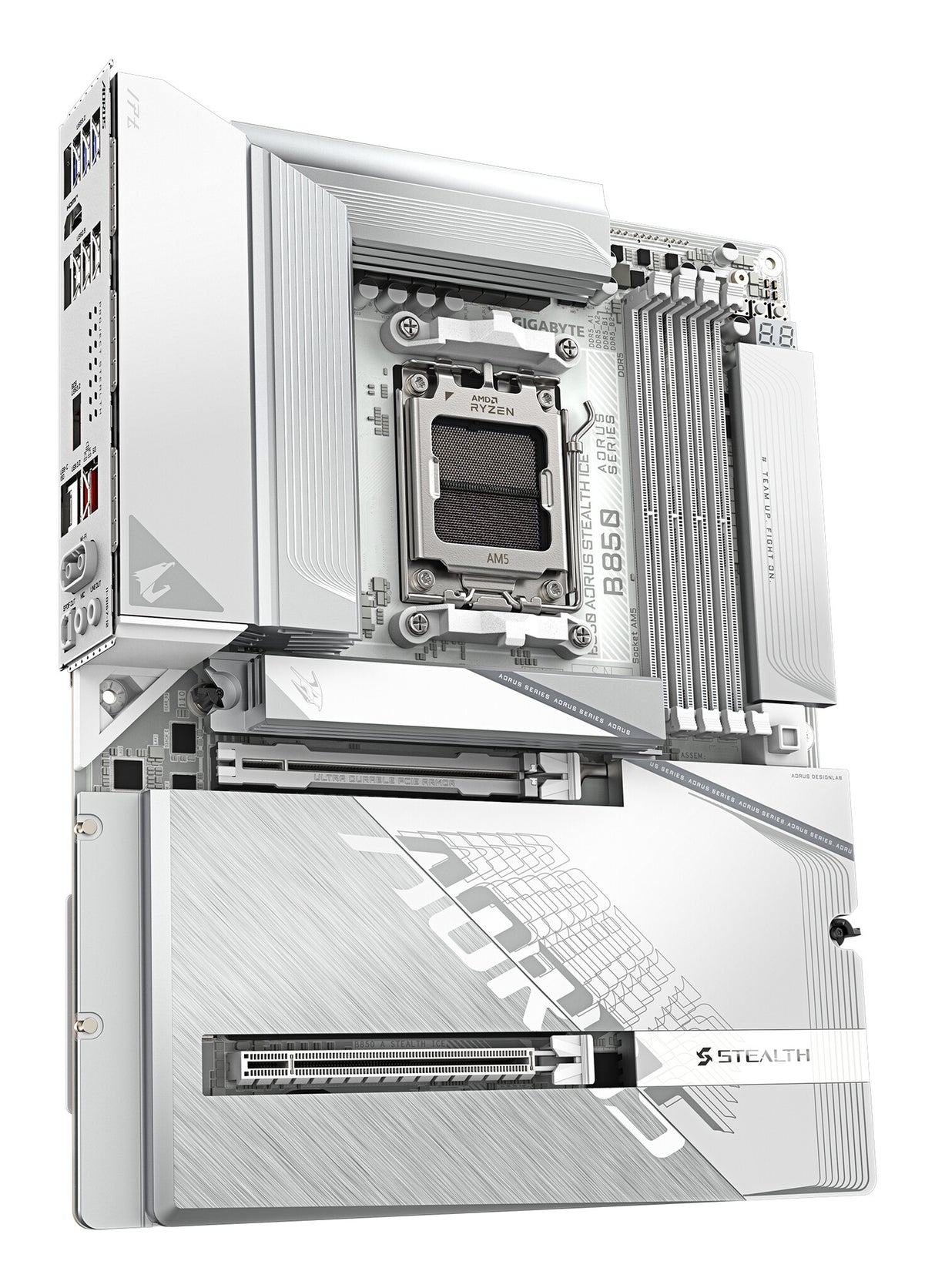 GIGABYTE B850 AORUS STEALTH ICE Motherboard - AMD Ryzen 9000 Series CPUs, 14+2+2 Phases Digital VRM, up to 8200MHz DDR5 (OC), 2xPCIe 5.0 + 2xPCIe 4.0 M.2, WIFI 7, 5 GbE LAN, USB 3.2 Gen 2