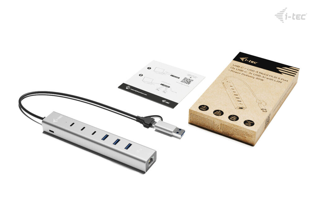 i-tec USB-C/USB-A Metal HUB 6 port (3x USB-C, 3x USB-A), LAN, Power Delivery 85W