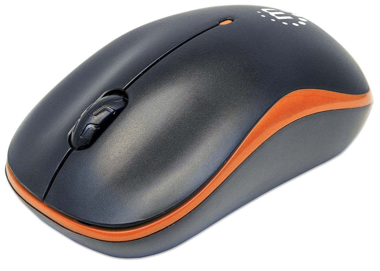 Manhattan Success Wireless Mouse, Black/Orange, 1000dpi, 2.4Ghz (up to 10m), USB, Optical, Three Button with Scroll Wheel, USB micro receiver, AA battery (included), Low friction base, Three Year Warranty
