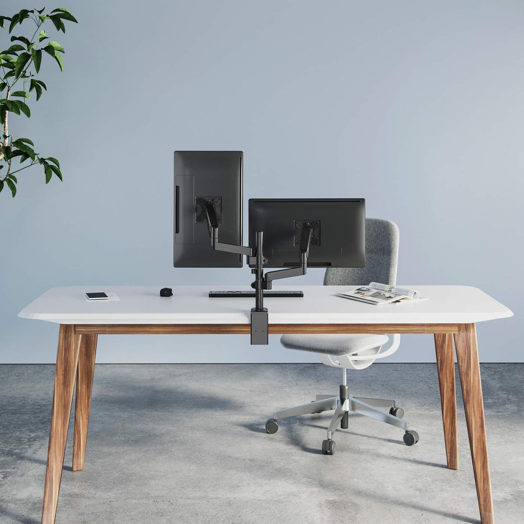 Manhattan Dual Desk Mount for TV & Monitors (Full Motion Gas Spring), For screens 10" to 27", Clamp or Grommet Assembly, VESA compatability: 75x75 and 100x100mm - check the dimensions of the four mounting holes on back of screen to ensure it fits, Max 8kg