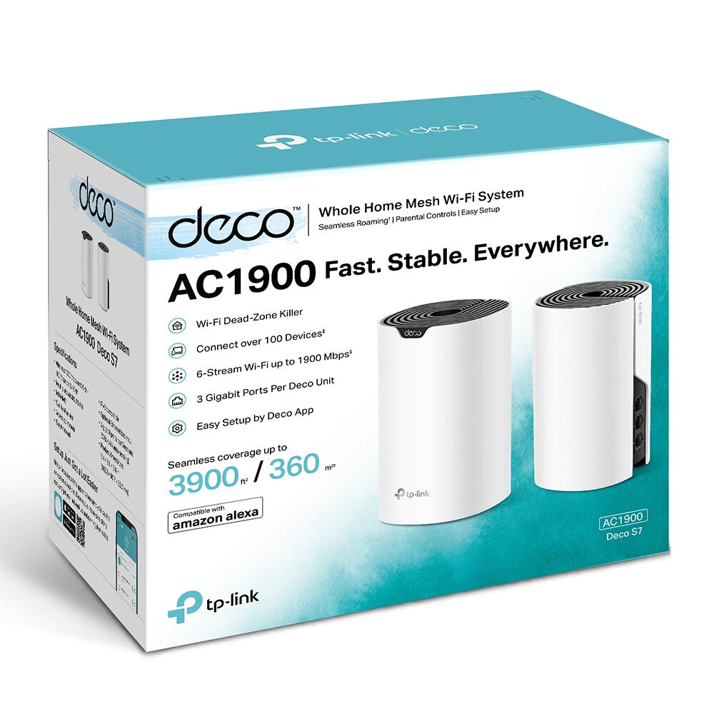 TP-LINK (DECO S7) Système Wi-Fi maillé pour toute la maison, paquet de 2, double bande AC1900, MU-MIMO, contrôles parentaux robustes, 3x Go LAN sur chaque unité