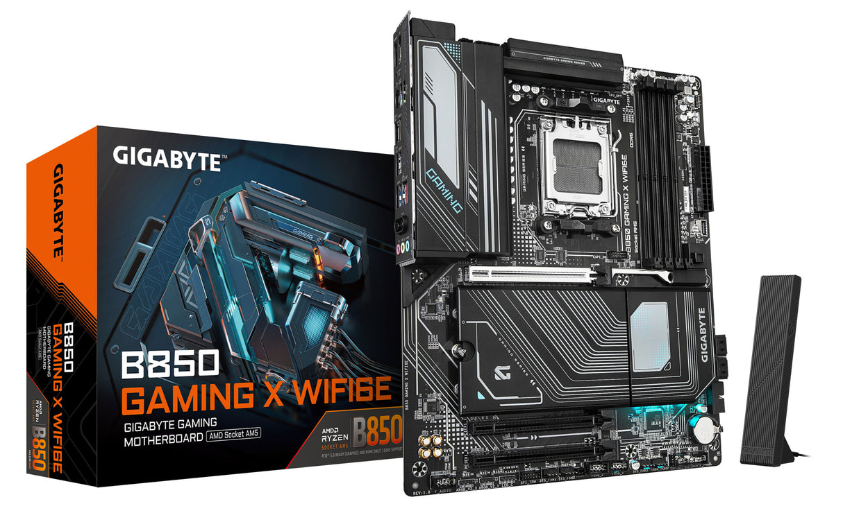 GIGABYTE B850 GAMING X WIFI6E Motherboard - AMD Ryzen 9000 Series CPUs, 12+2+2 Phases Digital VRM, up to 8200MHz DDR5 (OC), 1xPCIe 5.0 + 2xPCIe 4.0 M.2, 2.5LAN, WIFI 6E, USB 3.2 Gen 2x2