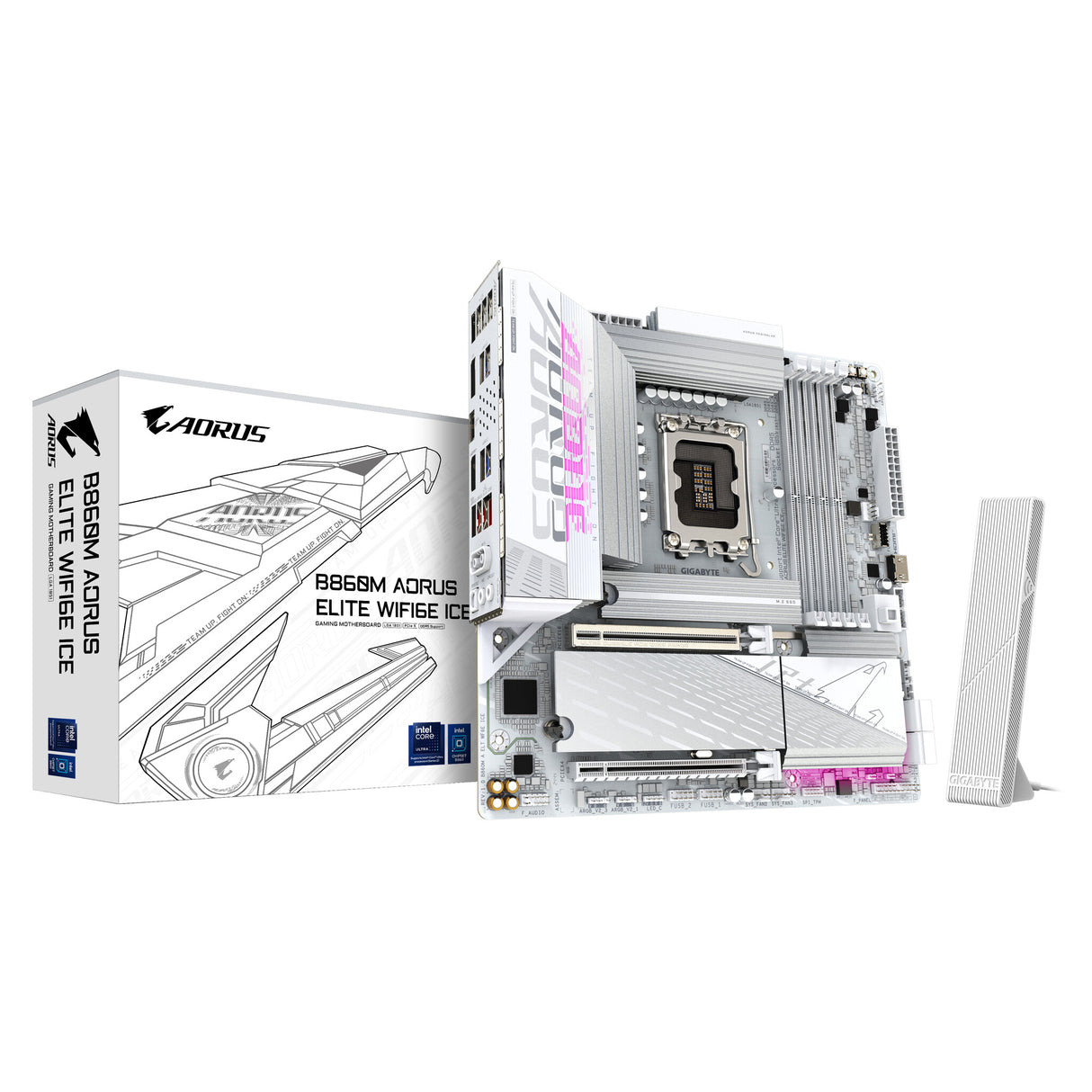 GIGABYTE B860M AORUS ELITE WF6E ICE Motherboard - Intel Core Ultra Series CPUs, 12+1+2+1 Phases VRM, up to 9200MHz DDR5, 1xPCIe 5.0 + 2xPCIe 4.0 M.2, 2.5GbE LAN, WIFI 6E, USB 4