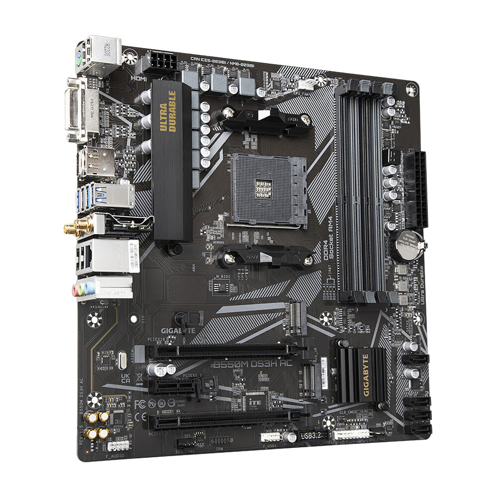 Carte mère Gigabyte B550M MicroATX avec solution Pure Digital VRM, emplacement PCIe 4.0 x16, double connecteurs PCIe 4.0/3.0 M.2, Intel Dual Band 802.11ac WIFI, Realtek GbE LAN, Smart Fan 5 avec FAN STOP, RGB FUSION 2.0, Q-Flash Plus