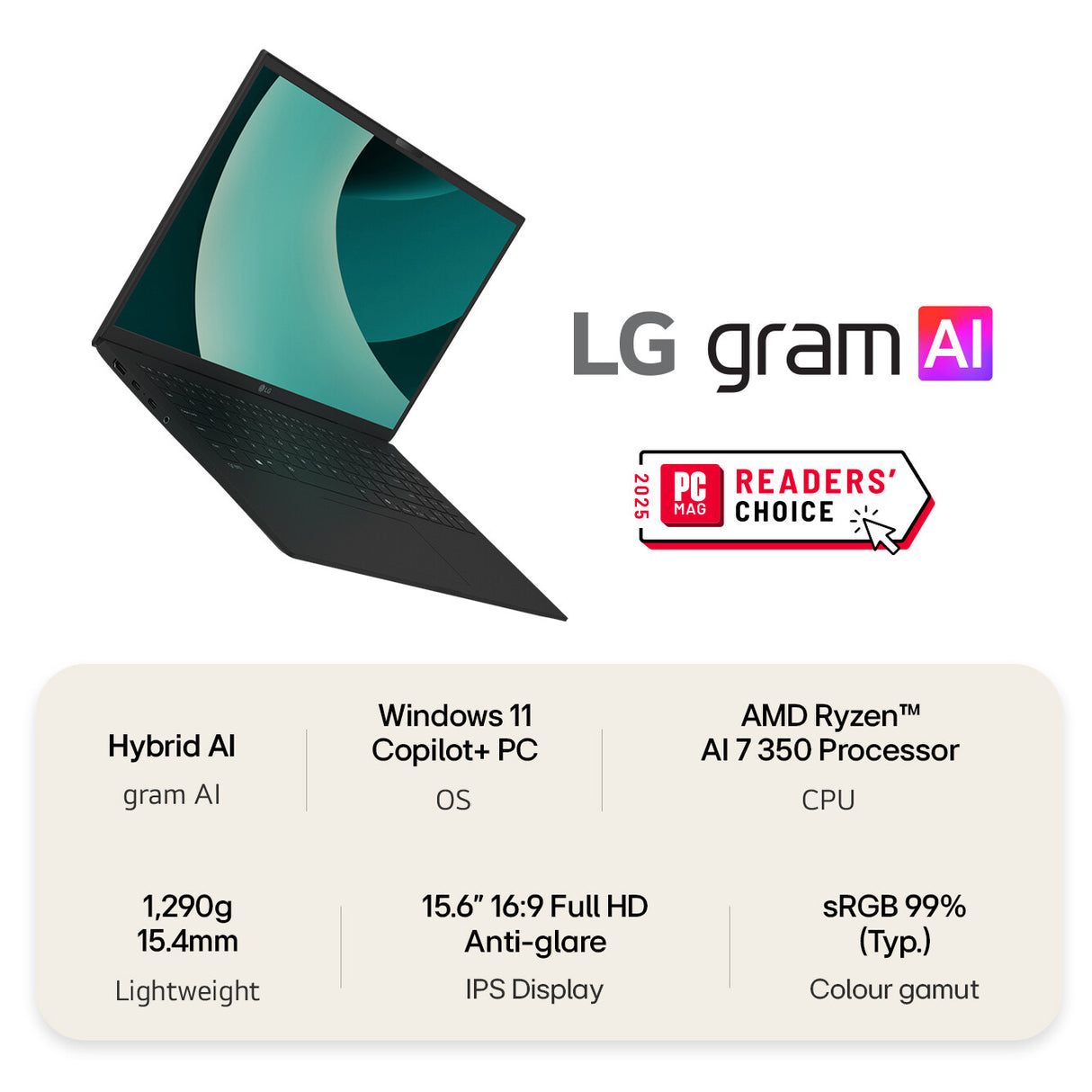 LG Gram 15Z80T-G 15.6" Hybrid AI Copilot+PC Laptop - AMD Ryzen 7 AI 350, 1TB SSD, 16 GB RAM - Black - [2025]