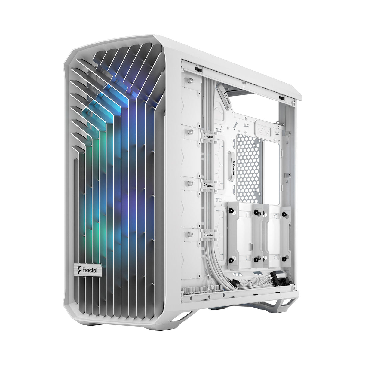 Fractal Design Torrent (White RGB TG) Estuche para juegos con ventana de vidrio transparente, E-ATX, 5 ventiladores ARGB, concentrador de ventilador, tira RGB en cubierta de fuente de alimentación, rejilla frontal, USB-C