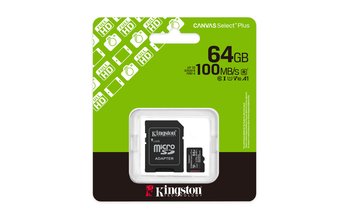 Kingston Technology 64GB microSDXC Canvas Select Plus Gen3 100MB/s A1 Card + Adapter