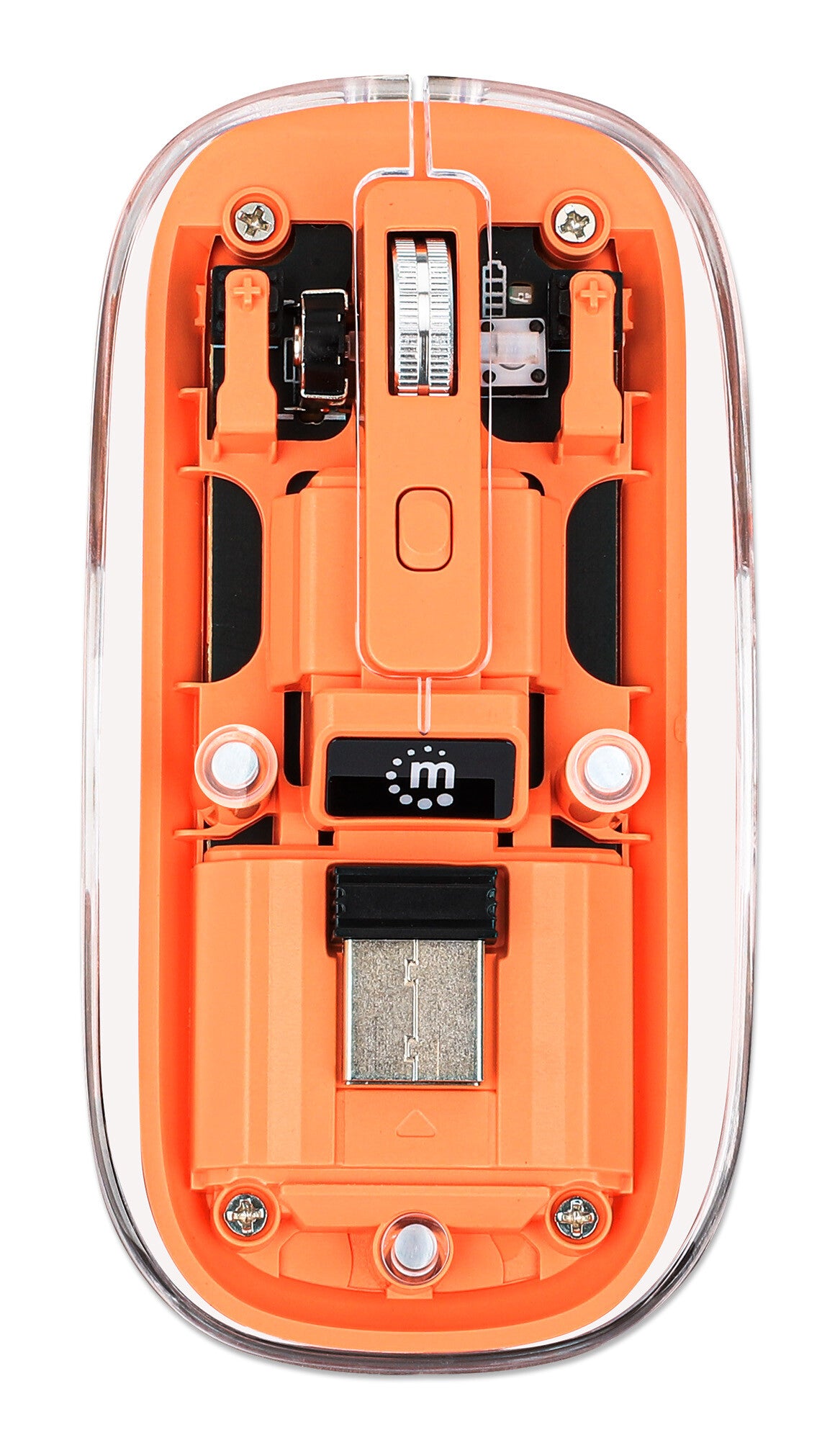 Manhattan Transparent Rechargeable Wireless Mouse, Clear/Orange, Adjustable 800/1200/1600dpi, With RGB LED light, 2.4Ghz (effective range up to 10m), USB, Optical, Ambidextrous, Four Button with Scroll Wheel, Slim Design, USB-A micro receiver, Lithium Ion