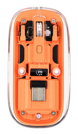 Manhattan Transparent Rechargeable Wireless Mouse, Clear/Orange, Adjustable 800/1200/1600dpi, With RGB LED light, 2.4Ghz (effective range up to 10m), USB, Optical, Ambidextrous, Four Button with Scroll Wheel, Slim Design, USB-A micro receiver, Lithium Ion
