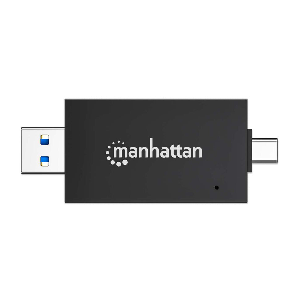 Manhattan USB-A / USB-C combo Multi-Card Reader/Writer, 5 Gbps (USB 3.2 Gen1 aka USB 3.0), Male to microSD and SD/MMC Slots, Mini Format, SuperSpeed USB, Windows or Mac, Black/Transparent, Three Year Warranty