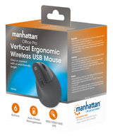Manhattan Ergonomic Vertical Wireless Mouse (Right Handed), Black, Adjustable 800/1200/1600dpi, 2.4Ghz (effective range up to 10m), Six Button with Scroll Wheel, Nano USB-A receiver, AA battery (included), Three Year Warranty