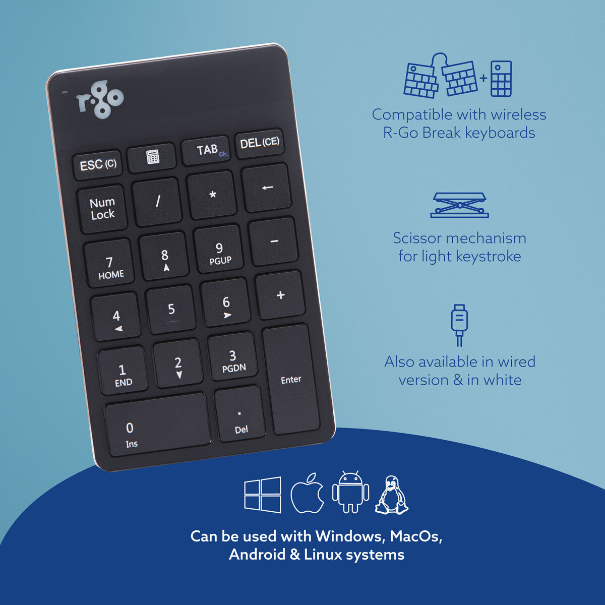 R-Go Tools Numeric keypad R-Go Numpad Break, ergonomic numeric keypad with break software, bluetooth, black