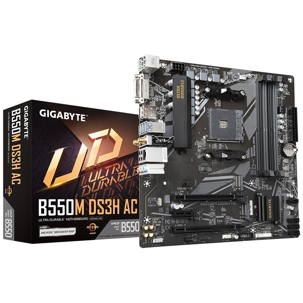 Carte mère Gigabyte B550M MicroATX avec solution Pure Digital VRM, emplacement PCIe 4.0 x16, double connecteurs PCIe 4.0/3.0 M.2, Intel Dual Band 802.11ac WIFI, Realtek GbE LAN, Smart Fan 5 avec FAN STOP, RGB FUSION 2.0, Q-Flash Plus