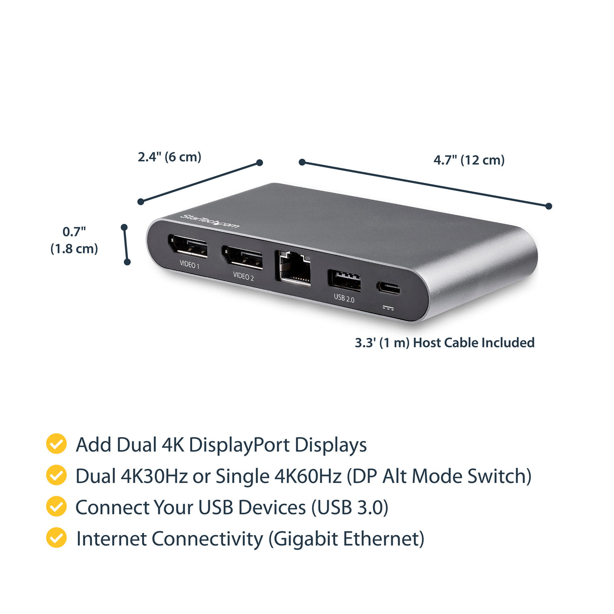 StarTech.com USB C Dock - 4K Dual Monitor DisplayPort - Mini Laptop Docking Station - 100W Power Delivery Passthrough - GbE, 2-Port USB-A Hub - USB Type-C Multiport Adapter - 3.3' Cable