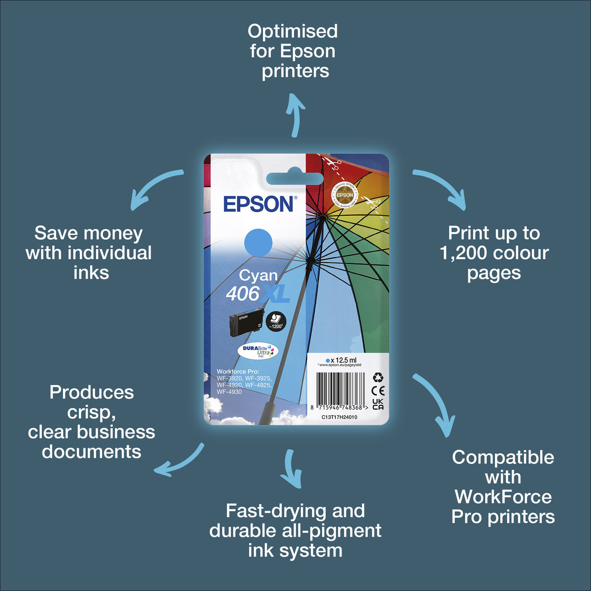 Epson Singlepack Cyan 406XL Umbrella DURABrite Ultra Ink