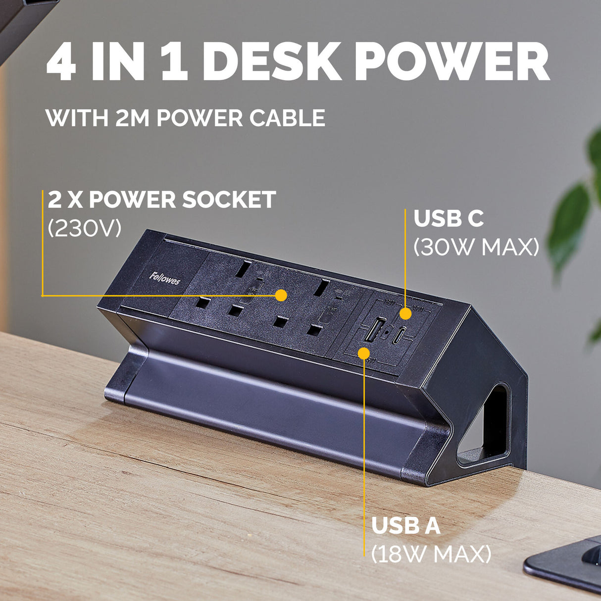 Fellowes Power Desk 2 Socket with 2 Power Sockets 1 USB-A & USB-C Ports Black