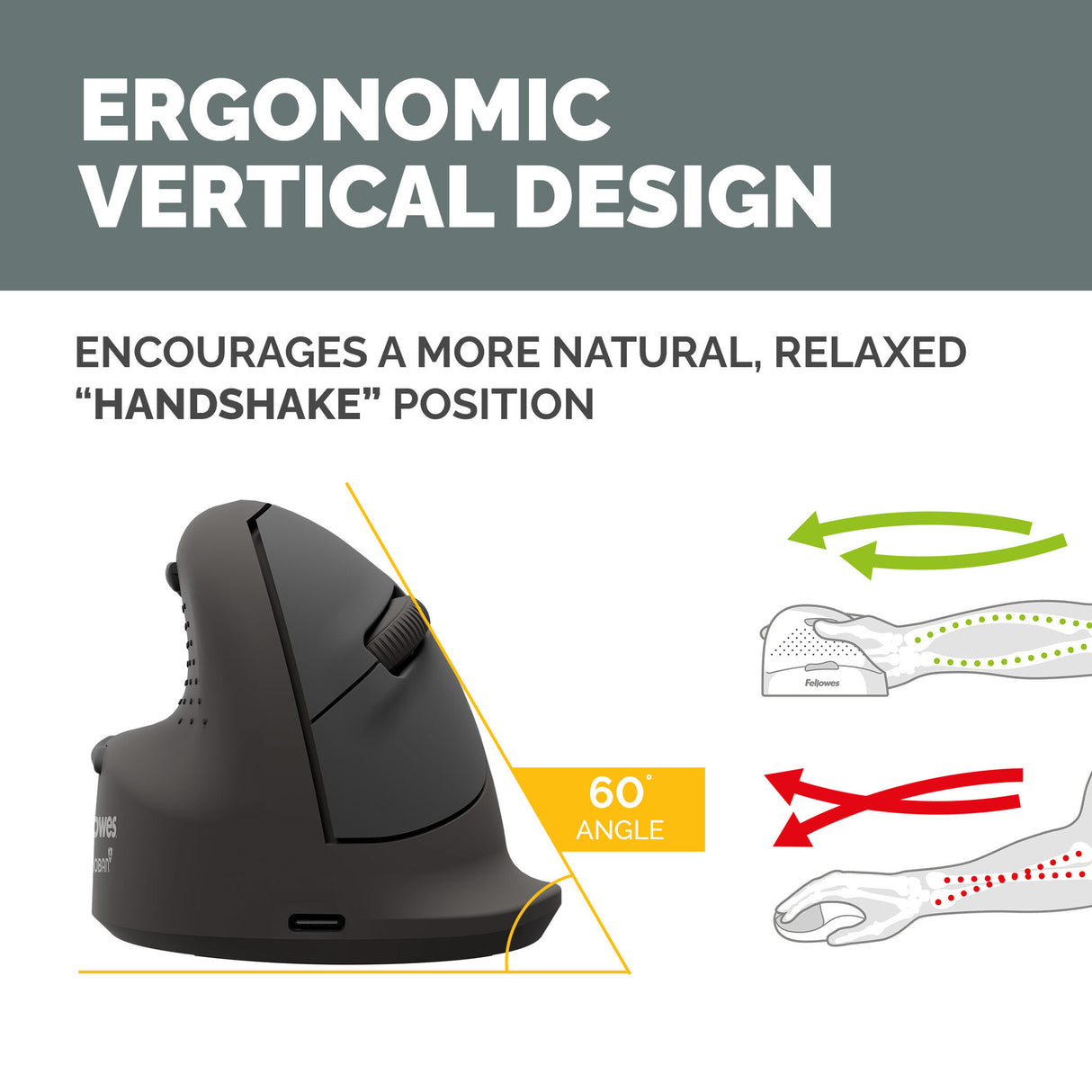 Fellowes Vertical Wireless Mouse Breyta Plus+ Ergonomic Left Handed Vertical Mouse with Antibacterial Protection Medium