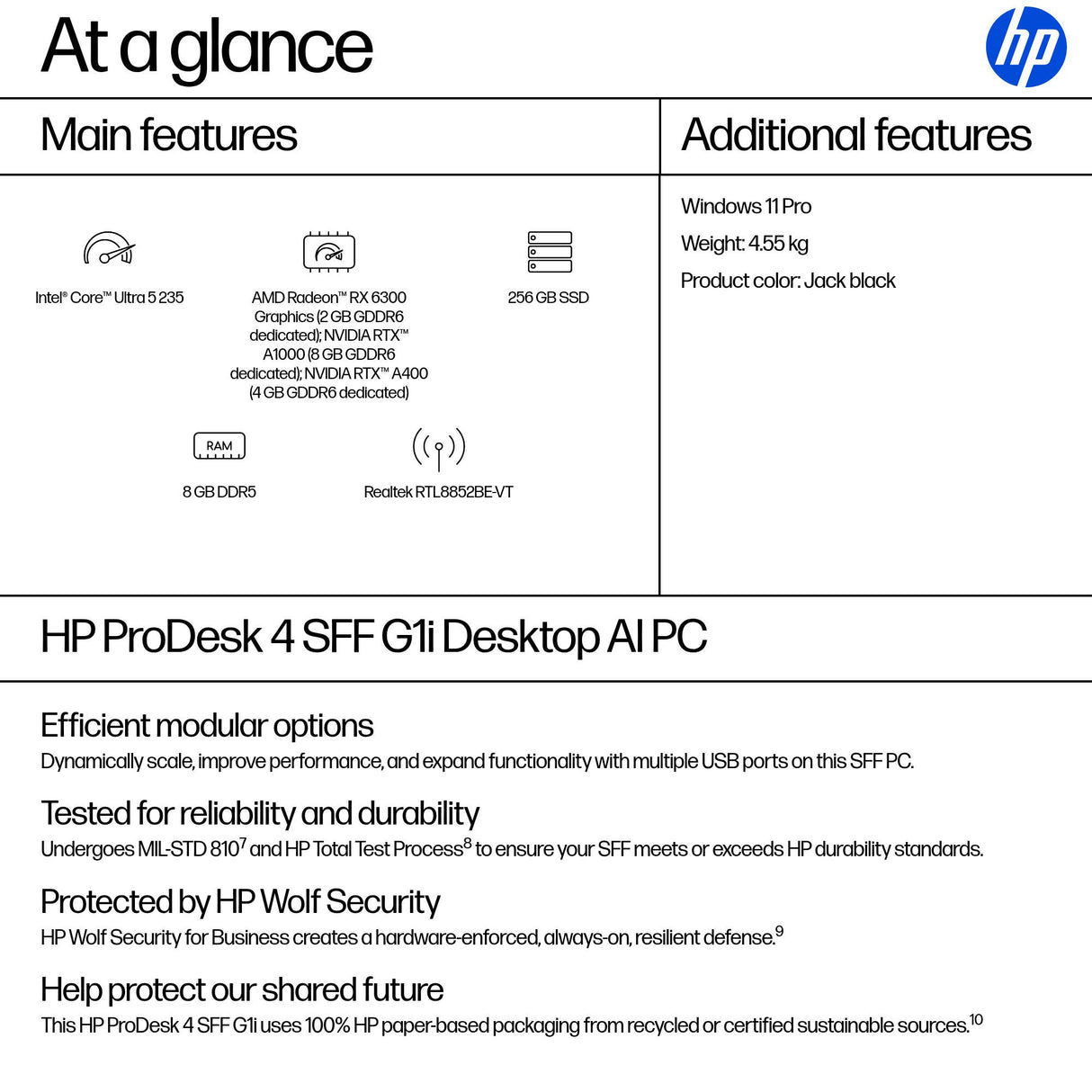 HP ProDesk 4 SFF G1i AI PC Intel Core Ultra 5 235 8 GB DDR5-SDRAM 256 GB SSD Windows 11 Pro Black