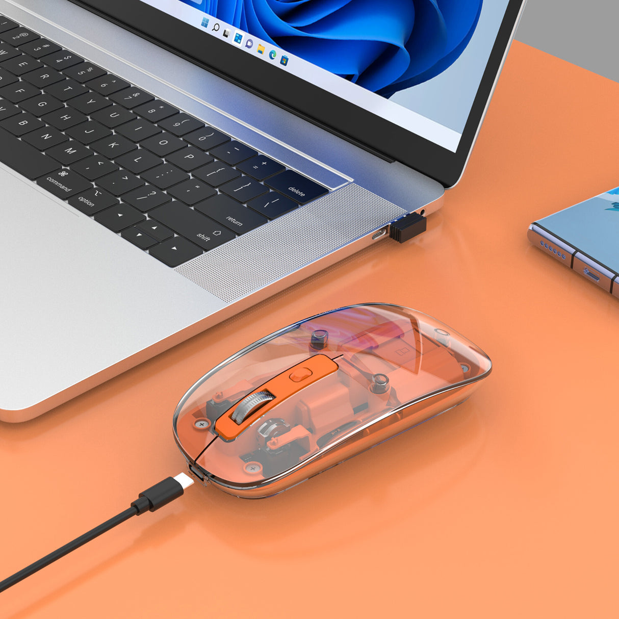 Manhattan Transparent Rechargeable Wireless Mouse, Clear/Orange, Adjustable 800/1200/1600dpi, With RGB LED light, 2.4Ghz (effective range up to 10m), USB, Optical, Ambidextrous, Four Button with Scroll Wheel, Slim Design, USB-A micro receiver, Lithium Ion