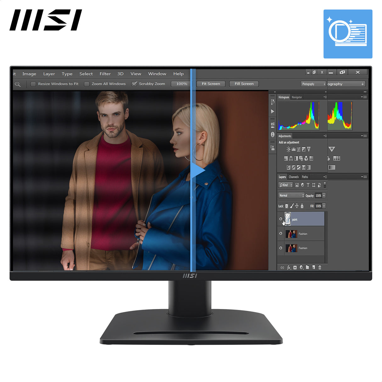 MSI PRO MP275PG 27 Inch Monitor, FHD (1920 x 1080), 100Hz, IPS, 1ms, 1x HDMI 1.4b, 1x DP 1.2a output, 1x D-Sub(VGA), Built-in Speakers, Anti-Glare, Anti-Flicker, Less Blue light, TÜV Certified, VESA, Kensington, 4-way adjustable stand, Black