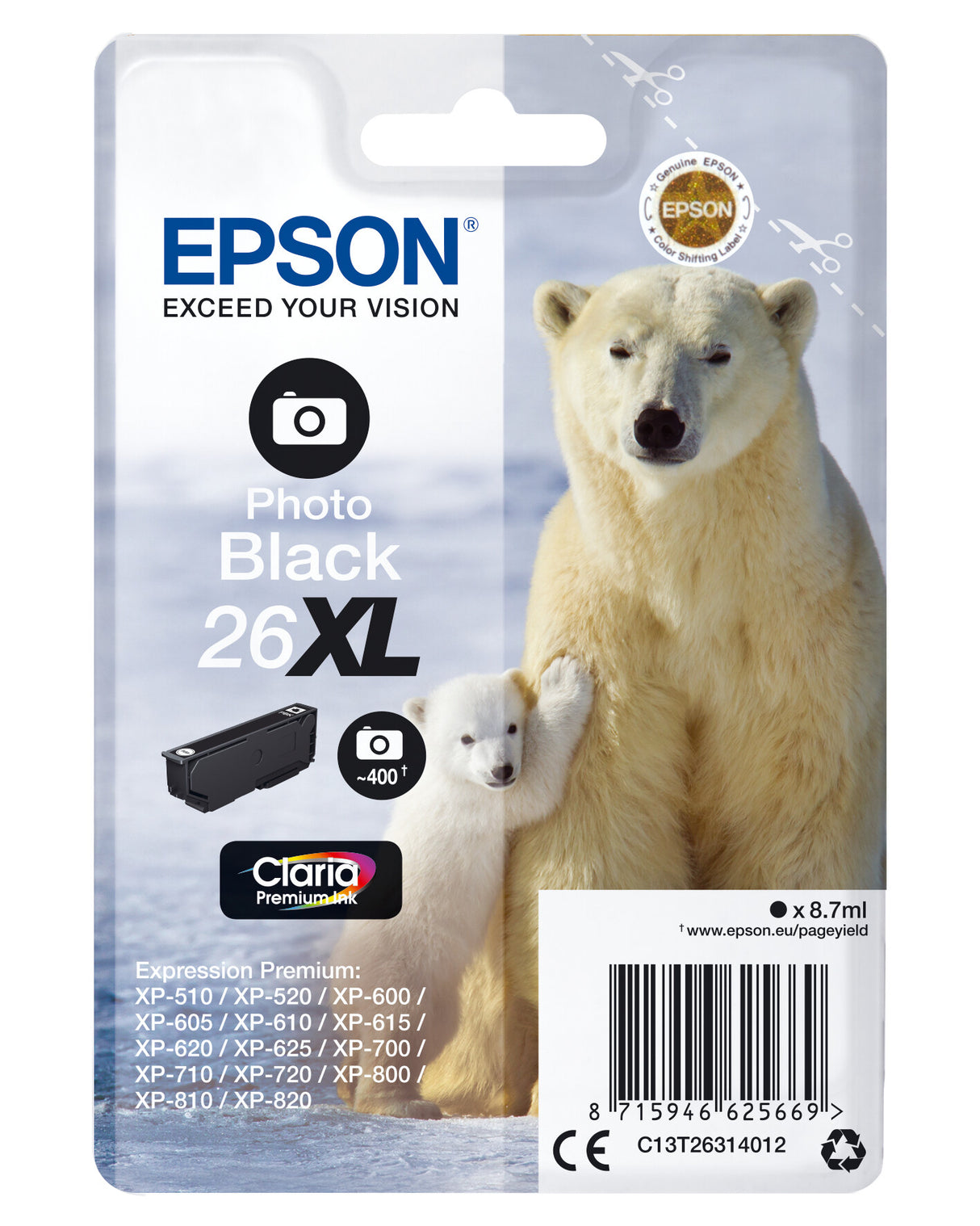 Epson Polar bear Singlepack Photo Black 26XL Claria Premium Ink