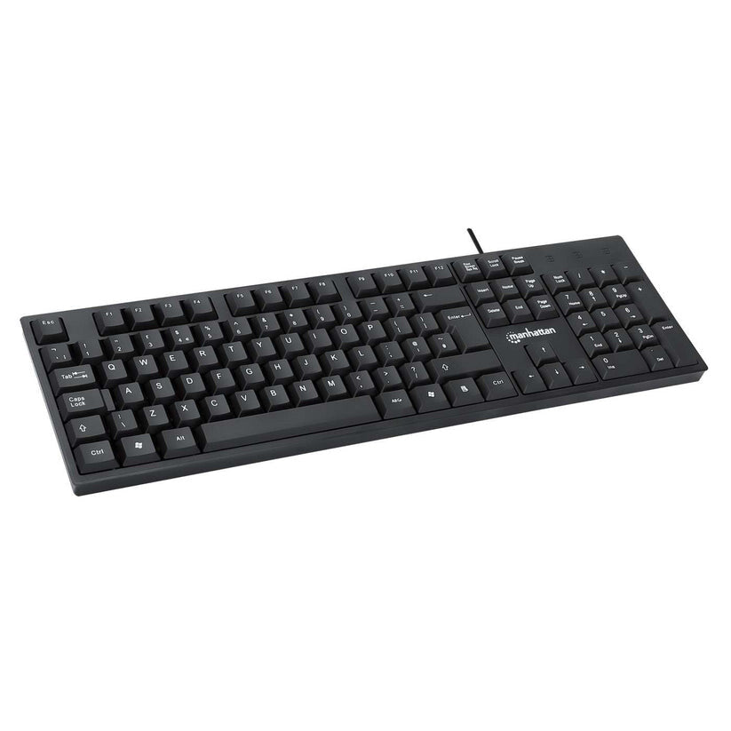 Manhattan Keyboard UK USB Wired, Standard Qwerty layout, Black, Full Size Keys, Cable 1.5m, USB-A connection, Plug and Play, Three Year Warranty, Retail Boxed