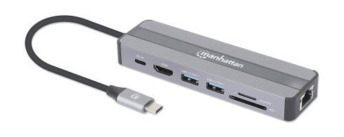 Manhattan USB-C Dock/Hub with Card Reader, Ports (x5): Ethernet, HDMI, USB-A (x2) and USB-C, With Power Delivery (87W) to USB-C Port (Note add USB-C wall charger and USB-C cable needed), All Ports can be used at the same time, Universal for all devices,