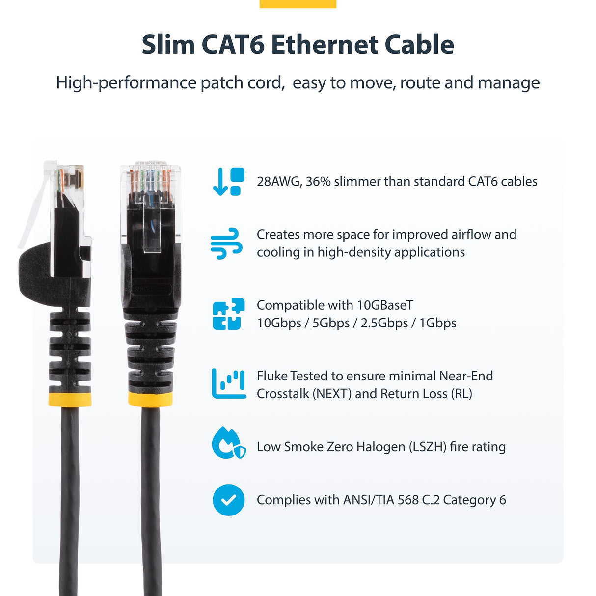 StarTech.com 25cm Gray Slim CAT6 Ethernet Cable, Snagless, 100W PoE, UTP, LSZH, 28AWG Pure Bare Copper Wire, Slim RJ45 Network Patch Cord w/Strain Reliefs, Fluke Tested