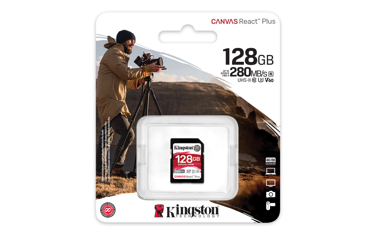 Kingston Technology 128GB Canvas React Plus SDXC UHS-II 280R/100W U3 V60 for Full HD/4K