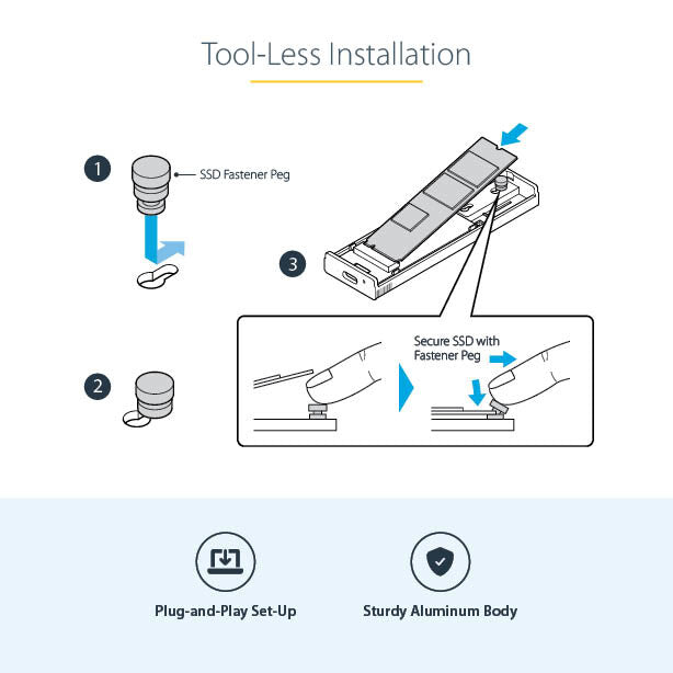 StarTech.com USB-C 10Gbps to M.2 NVMe or M.2 SATA SSD Enclosure - Tool-free External M.2 PCIe/SATA NGFF SSD Aluminum Case - USB Type-C&A Host Cables - Supports 2230/2242/2260/2280